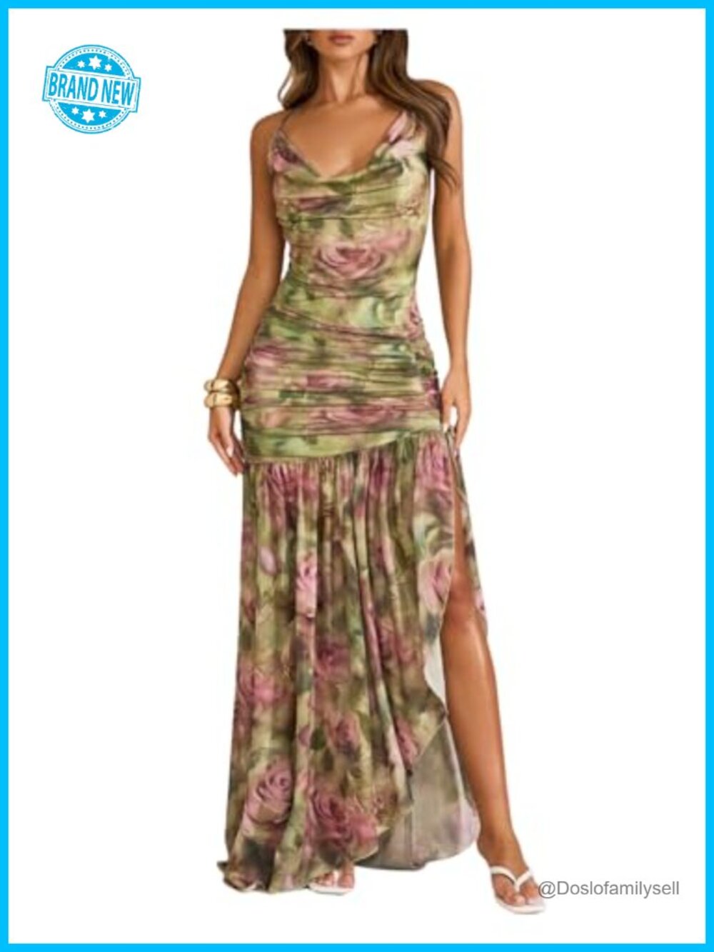 Floral Halter Maxi Dress Sleeveless Split Beach Vacation Ruched